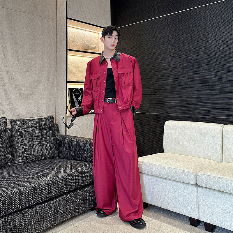 小众设计师撞色拼皮短款夹克外套男复古气质韩版工装阔腿裤两件套