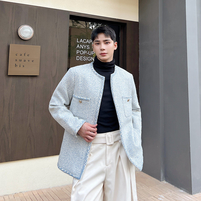 秋冬蓝色粗花呢小香风外套男重磅时尚气质上衣韩版开衫毛呢西服潮