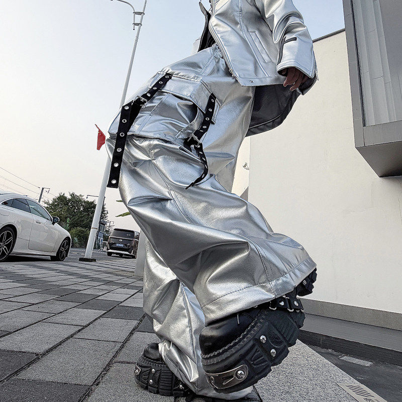 高街嘻哈hiphop银色亮面直筒阔腿工装裤男女团队舞蹈演出表演街舞