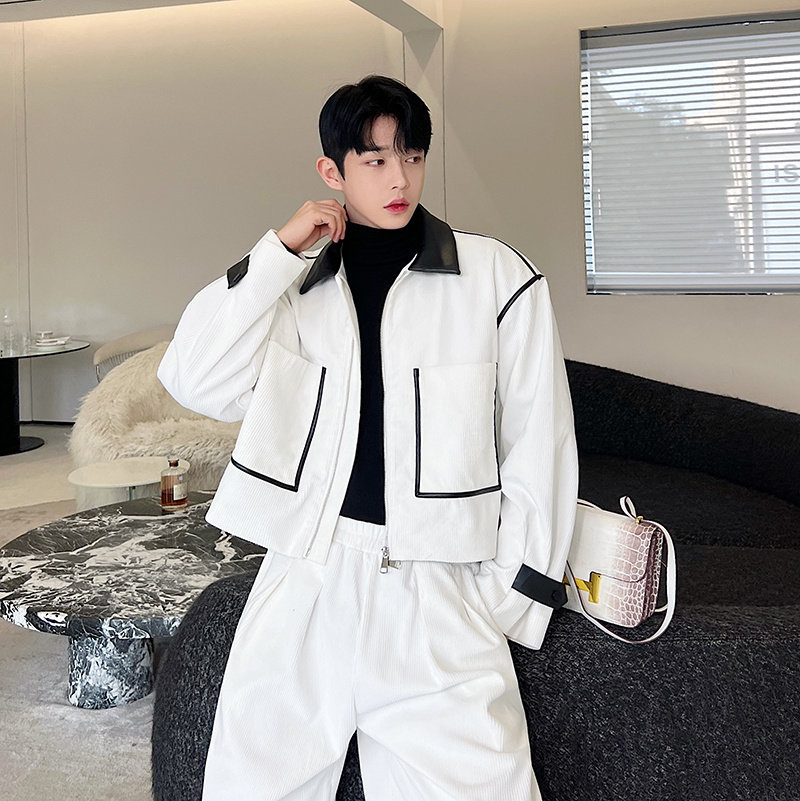 가을 겨울 한국 스타일 디자인 대비 색상 가죽 짧은 재킷 남성 정장 하이 패션 와이드 레그 팬츠 투피스 세트