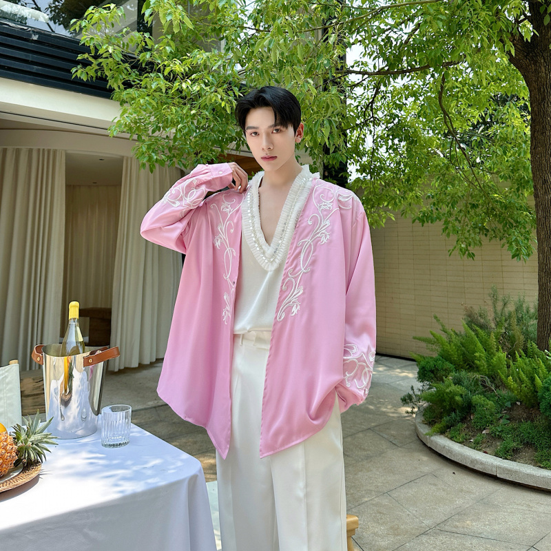 重工刺绣工艺大V领长袖衬衫高级感贵气垂坠开衫慵懒外套丝滑冰丝