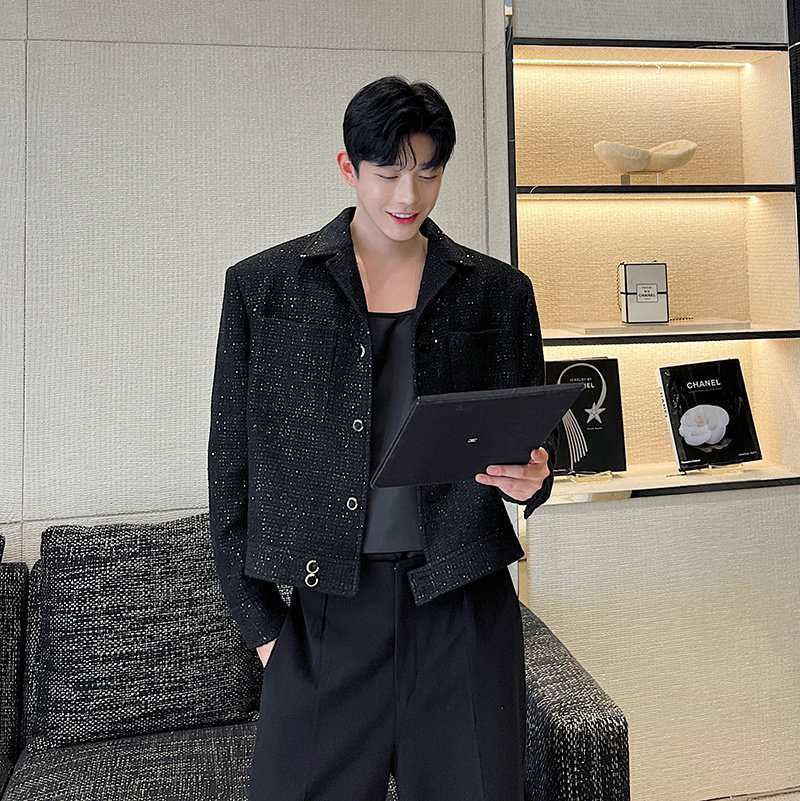 秋季复古高级感痞帅西装领夹克外套男小众亮片闪闪炸街小香风轻奢