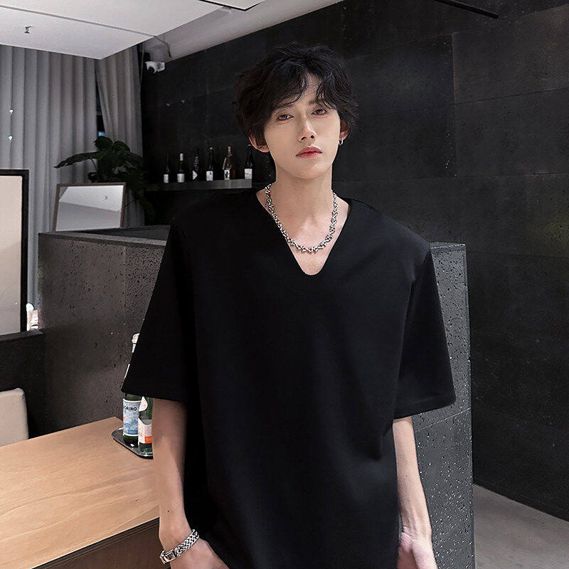 夏季禁欲系垫肩大V领设计休闲T恤男短袖韩版纯棉重磅t上衣高级感