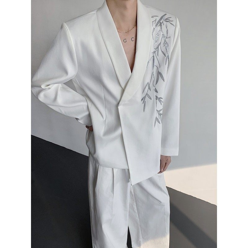 魏哲鸣明星同款西服外套男重工银线竹叶刺绣礼服垫肩高级感白西装