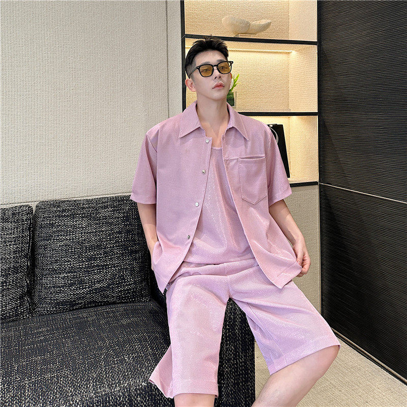 夏季韩版亮丝时尚短袖衬衣背心三件套男高级感五分中裤气质套装潮