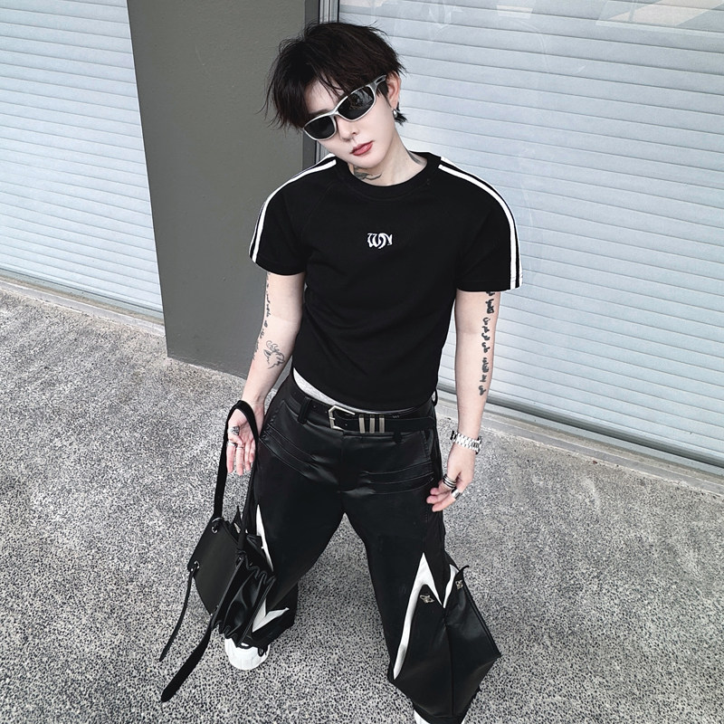 夏季小众运动休闲插肩袖T恤男女超短款设计三条杠半袖上衣打底衫
