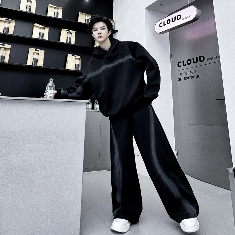 秋装美式街头撞色手绘线条连帽卫衣套装男高级感痞帅阔腿裤两件套,男装,休闲运动套装,淘宝优惠券,粉丝福利购,淘宝优惠卷