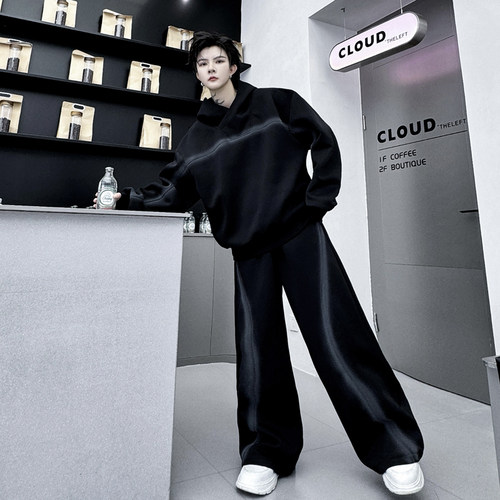 秋装美式街头撞色手绘线条连帽卫衣套装男高级感痞帅阔腿裤两件套