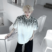 夏装 上衣 嘻哈半袖 小众手工钉珠手绘图案设计感垫肩T恤男短袖 美式