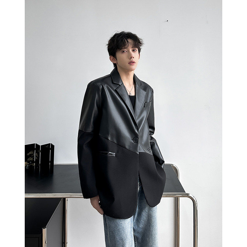 美式复古雅痞拼皮设计感西装外套男装cleanfit潮流西服上衣发型师