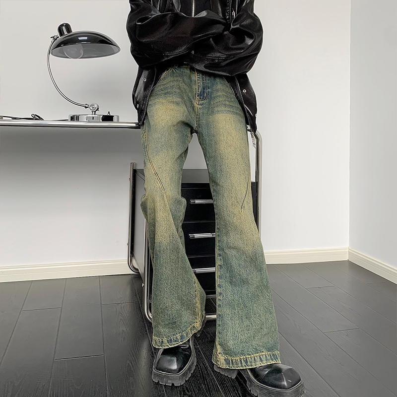 美式高街vibe复古水洗做旧微喇牛仔裤男街头直筒泥黄色阔腿长裤子