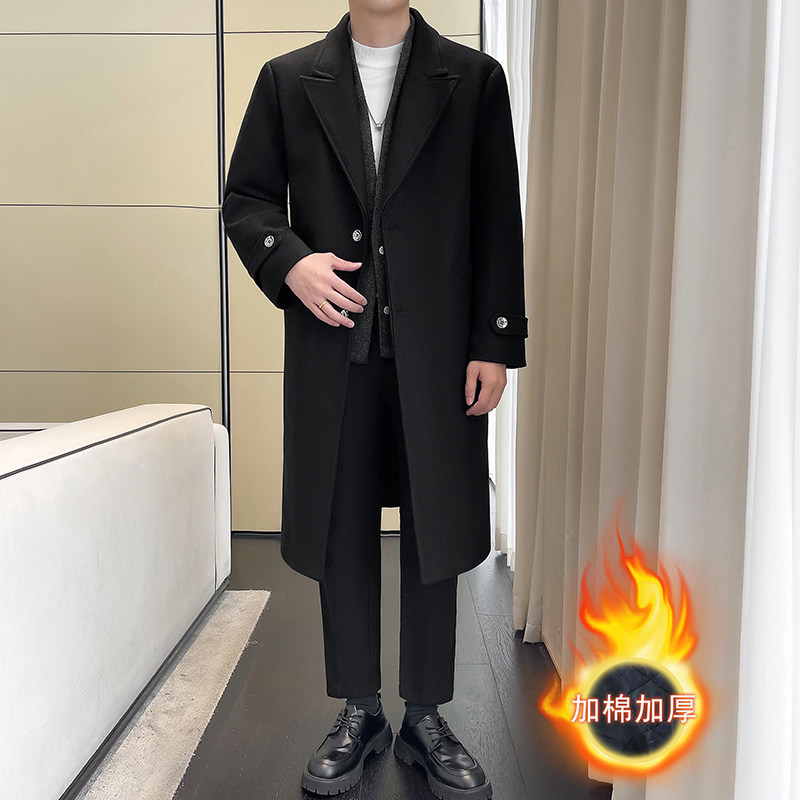 轻熟老钱风冬季加棉加厚假两件过膝长款毛呢大衣外套男呢子风衣潮