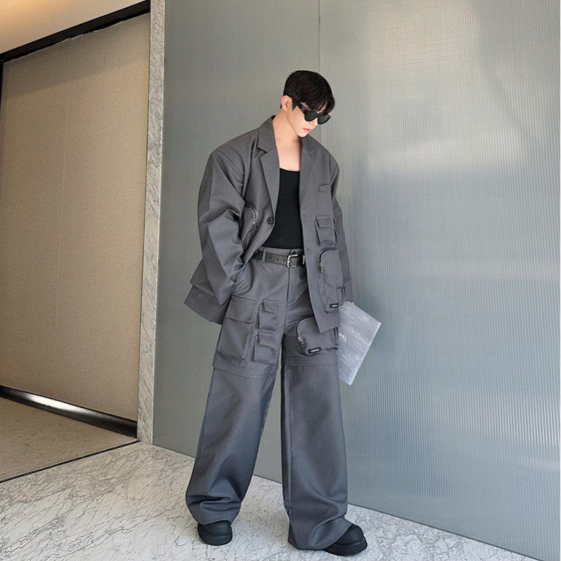秋装重工艺多口袋工装西服外套男机能风痞帅可拆卸阔腿裤短裤套装