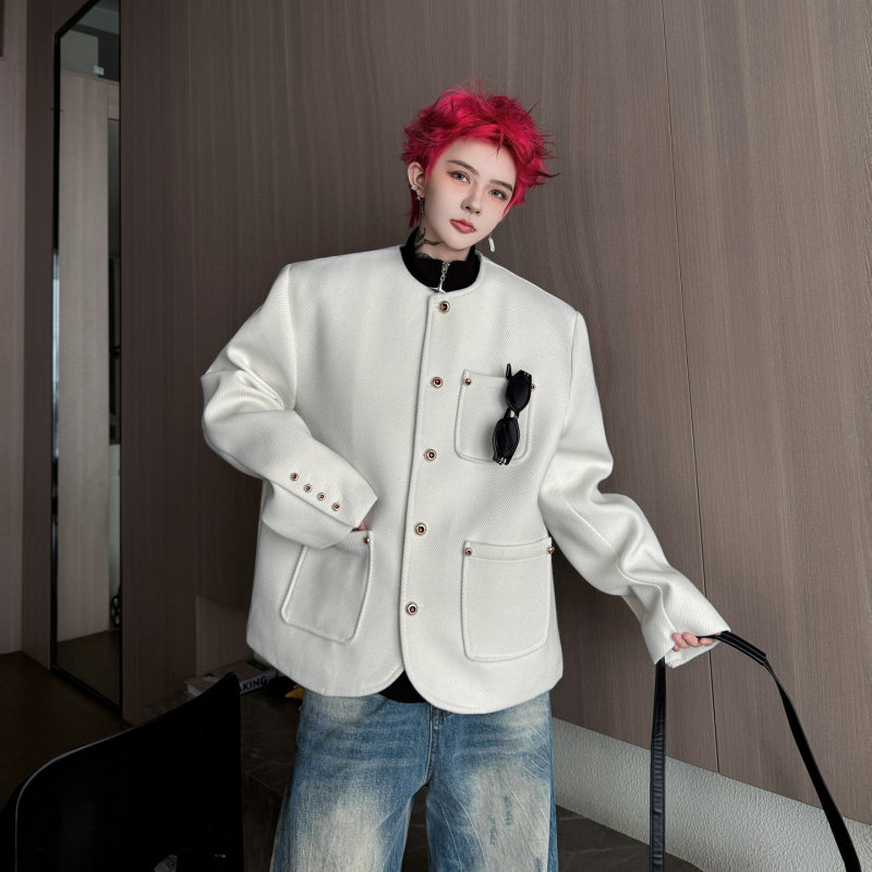 网红高级感轻奢休闲无领小香风加厚西服外套男秋冬保暖夹克夹棉潮