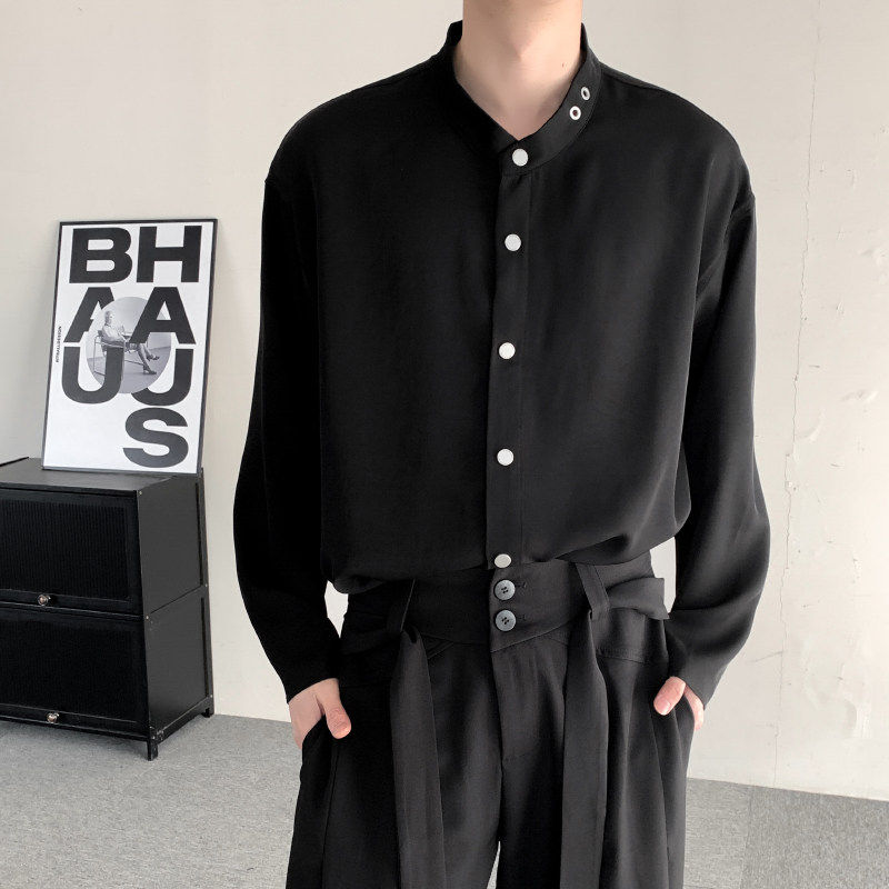 2026春季禁欲系黑色单排扣衬衫男简约新中式设计坠垂感痞帅衬衣潮