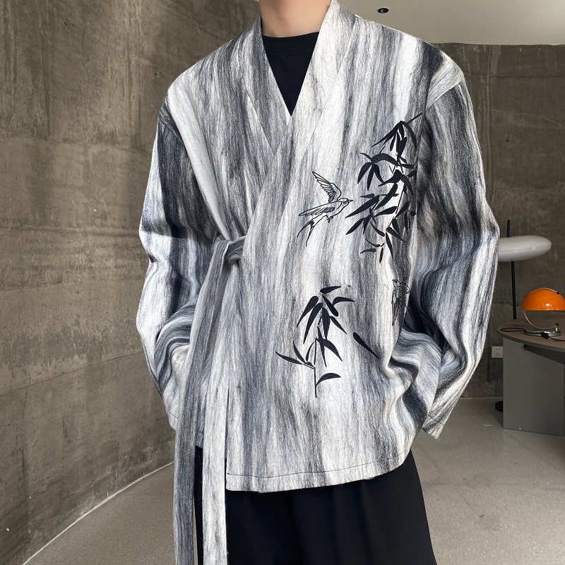 冬季复古新中式水墨画竹叶刺绣毛呢西服男斜门襟禅意国风上衣外套