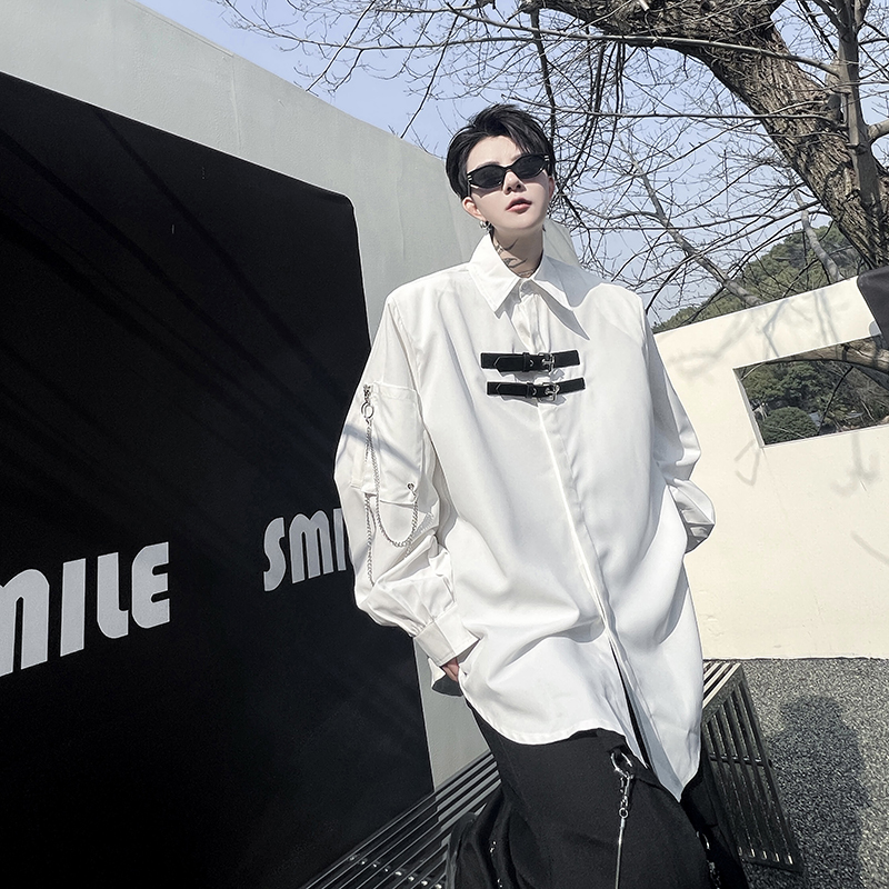 春夏小众金属皮扣设计长袖衬衣男垫肩高级感链条装饰痞帅衬衫上衣
