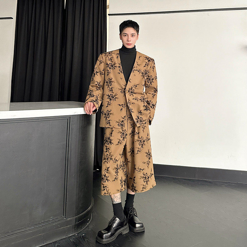 秋冬设计师款小众时尚洋气植绒花纹V领西服男女复古潮七分裤套装,男装,西服套装,淘宝优惠券,粉丝福利购,淘宝优惠卷