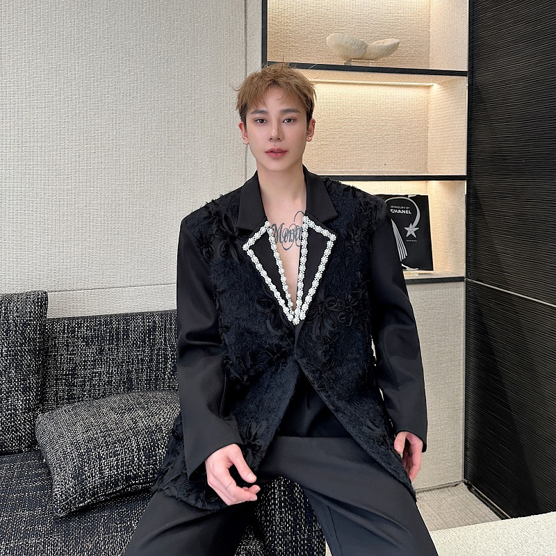 走秀设计款轻奢立体提花手工珍珠领绣花西装外套男痞帅高级感西服