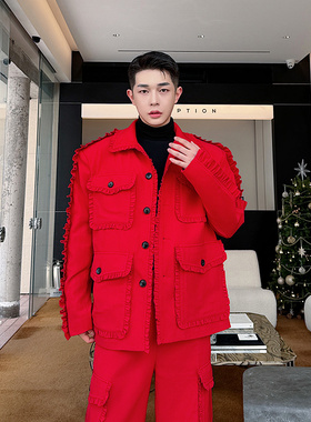 小众时尚设计师款重工多口袋木耳边美式复古红色工装夹克套装雅痞