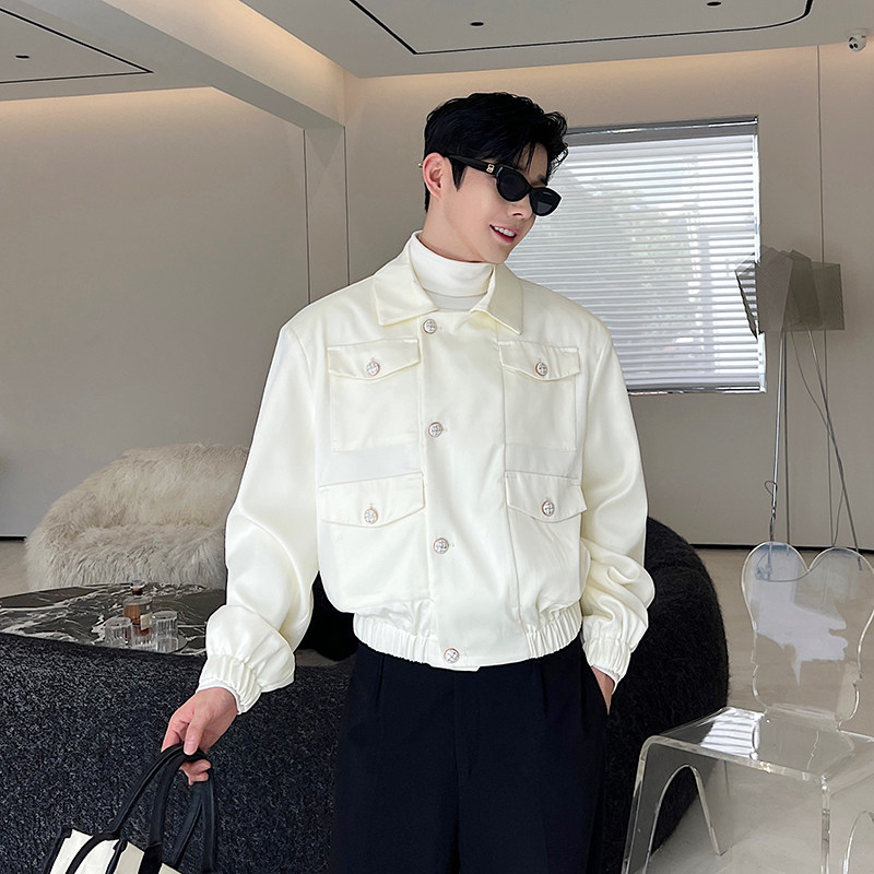 가을 하이 엔드 새틴 작은 향기 스타일 어깨 패드 재킷 남자의 많은 주머니 한국 스타일 기질 탑