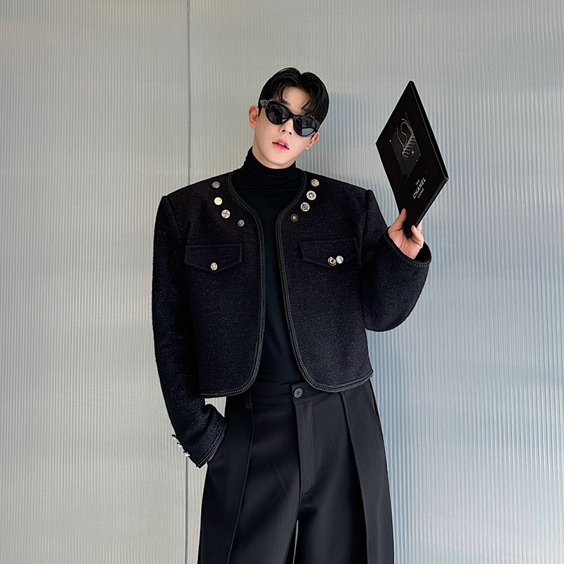 秋冬款小众设计师法式小香镶珠多扣短款夹克外套男女轻奢韩版毛呢