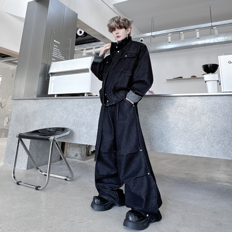 美式复古立领撞色拼料牛仔夹克套装男高级感弯刀长裤痞帅两件套潮