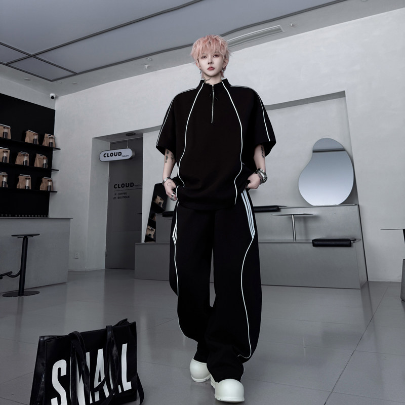 夏装美式立领撞色包边短袖T恤套装男潮牌拉链阔腿长裤两件套痞帅,男装,时尚套装,淘宝优惠券,粉丝福利购,淘宝优惠卷