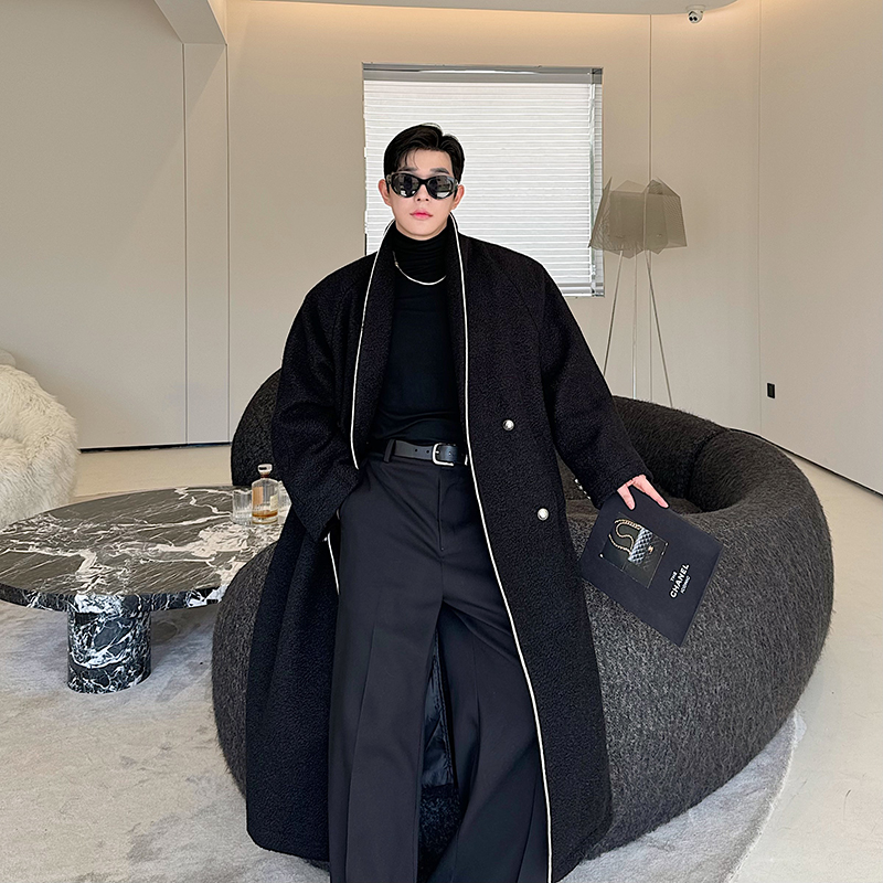 秋冬款小众设计师极简无领双排扣廓形毛呢大衣男长款过膝风衣外套