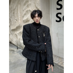 秋冬气质轻奢亮丝小香风外套男网红时尚 垫肩金属饰品设计感夹克潮