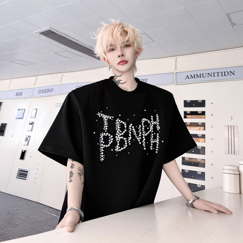 夏季小香风潮牌ins钉珠字母垫肩短袖T恤男高级感痞帅重磅半袖上衣