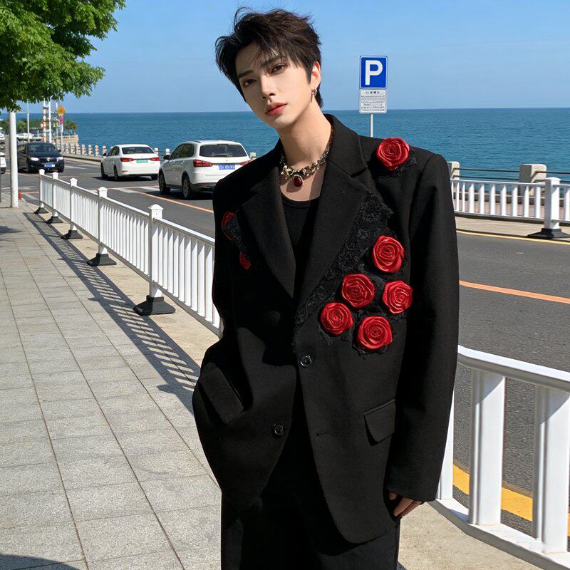 春秋小双领西装外套男高级感立体花朵设计感痞帅垫肩西服宽松演出