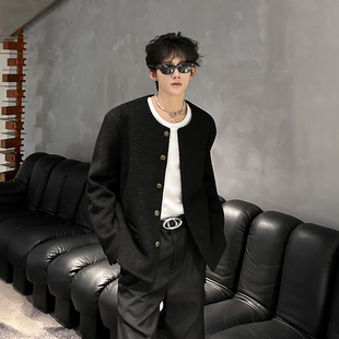 秋冬款黑色cleanfit小香风外套男小个子高级感宽松呢料无领夹克潮