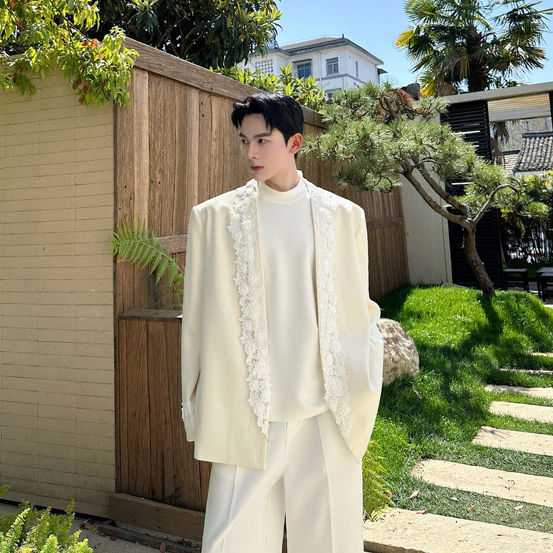 2025新款轻奢定制蕾丝花边装饰西服外套潮流男时尚洋气高级感西装