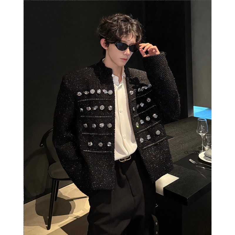 黑色廓形粗花呢小香风外套男闪亮纽扣设计感短款轻奢派对演出夹克
