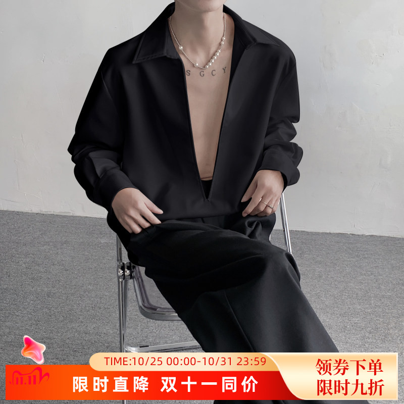 禁欲系雅痞深V领长袖衬衣男炸街冷淡风小众设计感时尚夜店舞台装