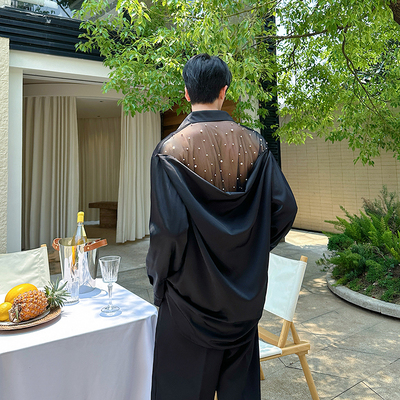 小众设计师款后背网纱钉珠长袖衬衫男高级感缎面坠垂廓形雅痞衬衣