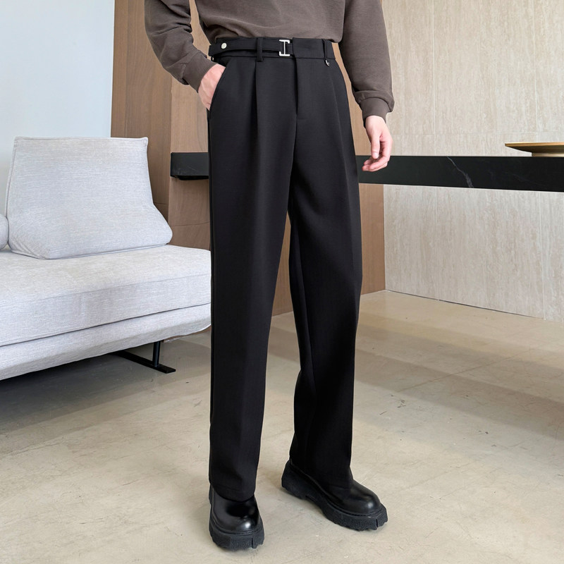 秋冬款轻熟风毛呢高腰西裤男直筒宽松加厚保暖休闲长裤复古老钱风