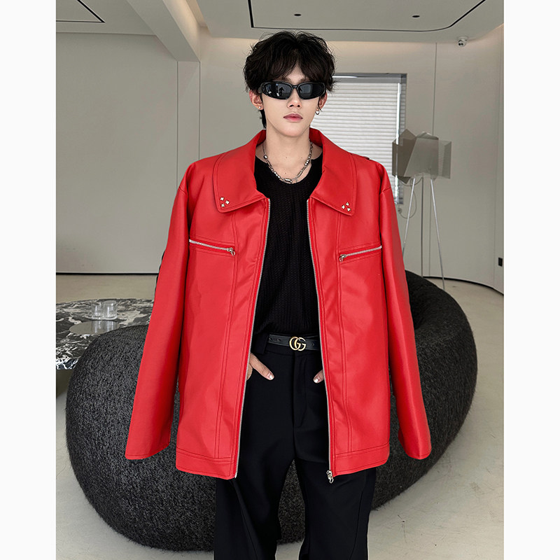 网红明星同款红色PU皮衣外套男高级感演出舞台装机车上衣皮夹克潮