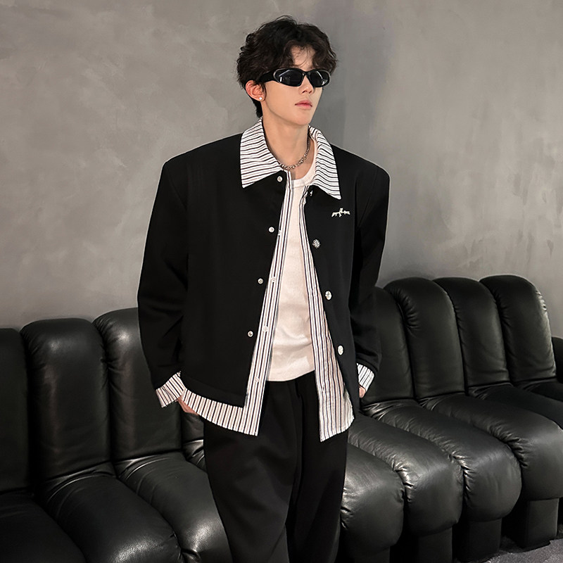 秋装小众条纹拼接假两件垫肩夹克外套男休闲高级感痞帅网红上衣潮