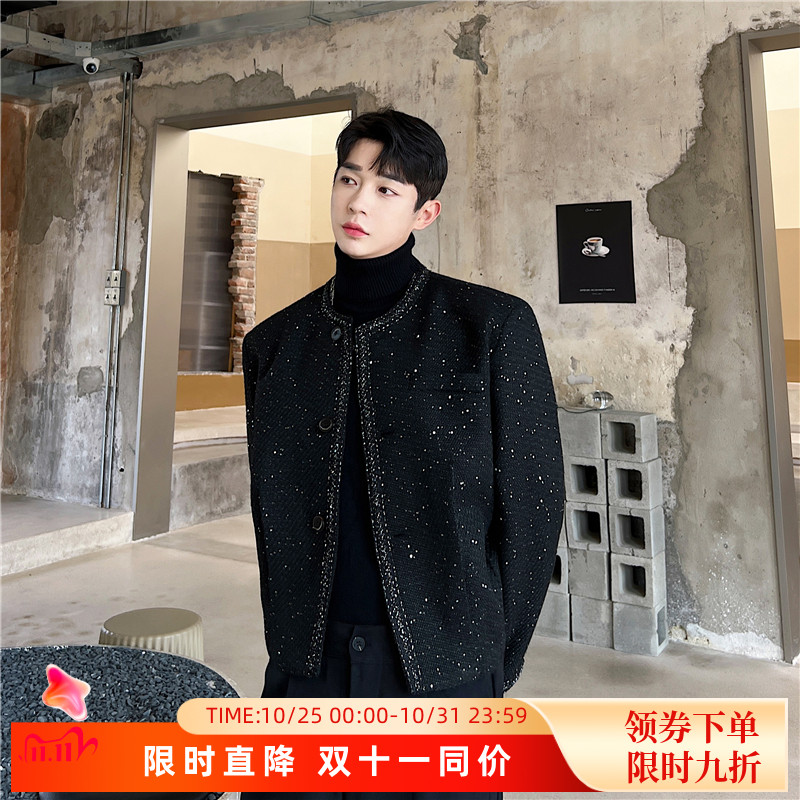高级感外套男亮丝呢子西服痞帅