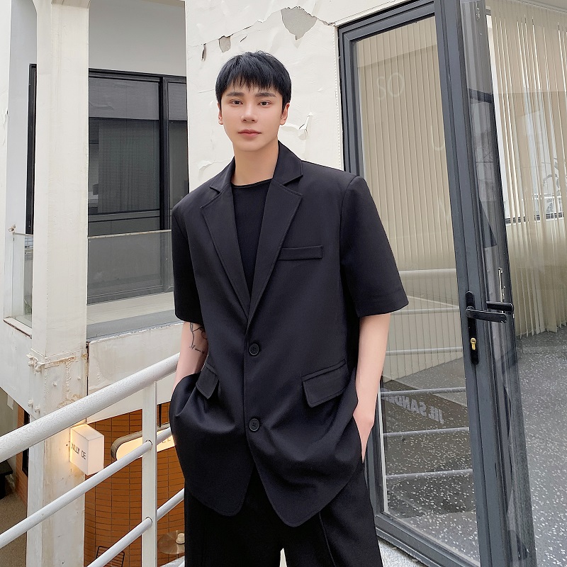 夏季短袖西装外套男士韩版潮流痞帅薄款高级感休闲西服半袖发型师