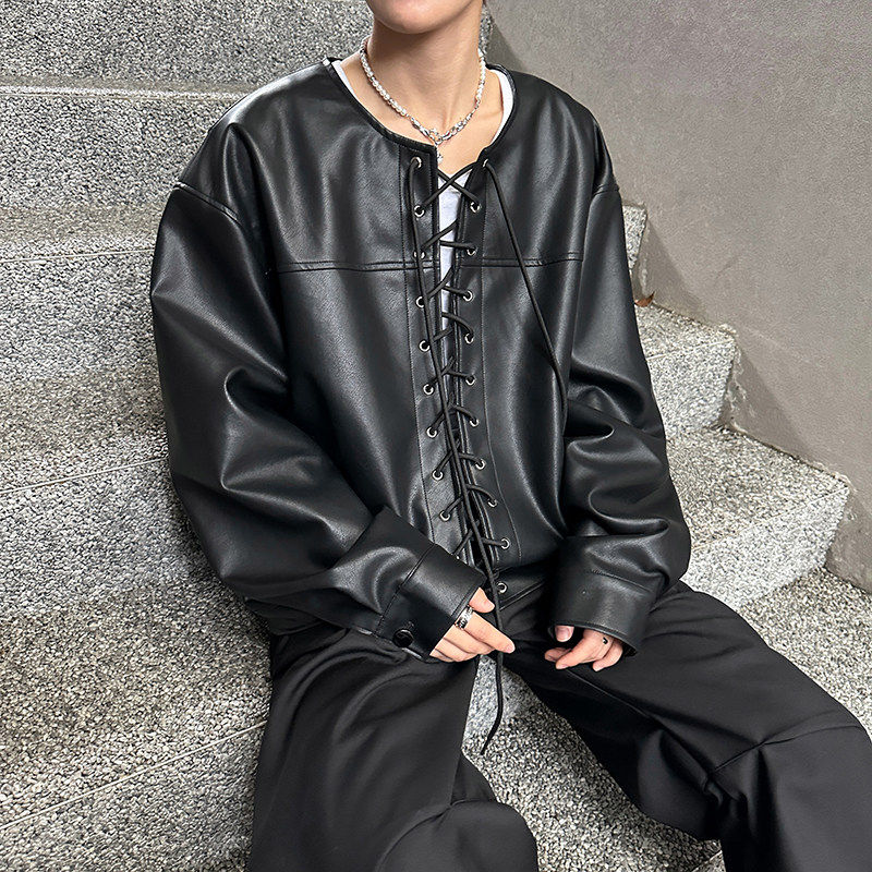 小众复古高级感痞帅系绳设计PU皮衣男上衣in潮牌美式街头机车外套