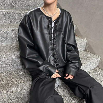 小众复古高级感痞帅系绳设计PU皮衣男上衣in潮牌美式街头机车外套