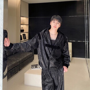 春季复古高级感丝绒亮片小众连帽卫衣男套装韩版痞帅直筒裤两件套