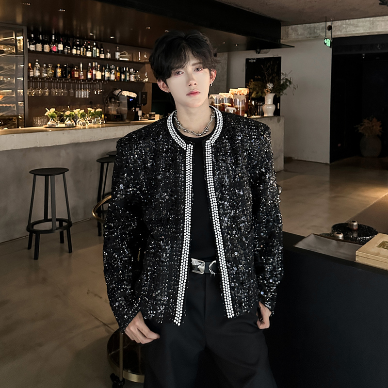 小众高级感轻奢细闪亮片夹克男设计感雅痞气质短款演出小香风外套