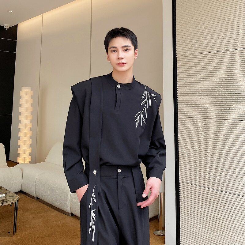 가을 새로운 중국 스타일 대나무 잎 자수 디자인 틈새 잘 생긴 셔츠 남성 정장 스탠드 칼라 하이 엔드 스트레이트 바지