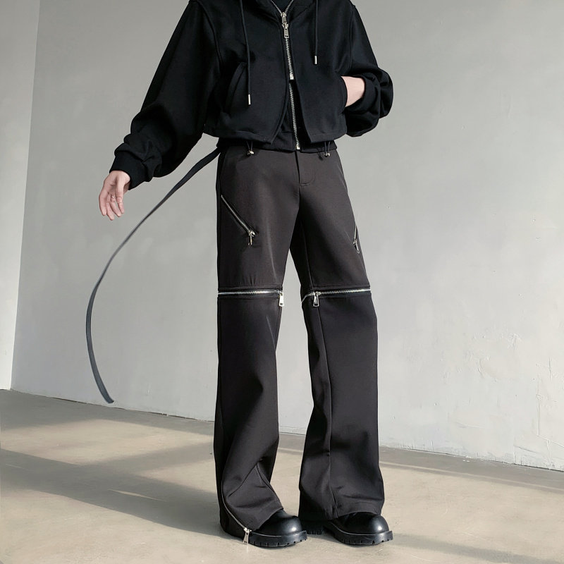 小众拉链解构设计感西裤男腰带机能风直筒裤微喇阔腿拖地长裤子潮