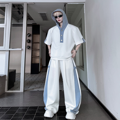 夏装美式休闲撞色拼接连帽卫衣套装男设计感弯刀裤阔腿长裤两件套