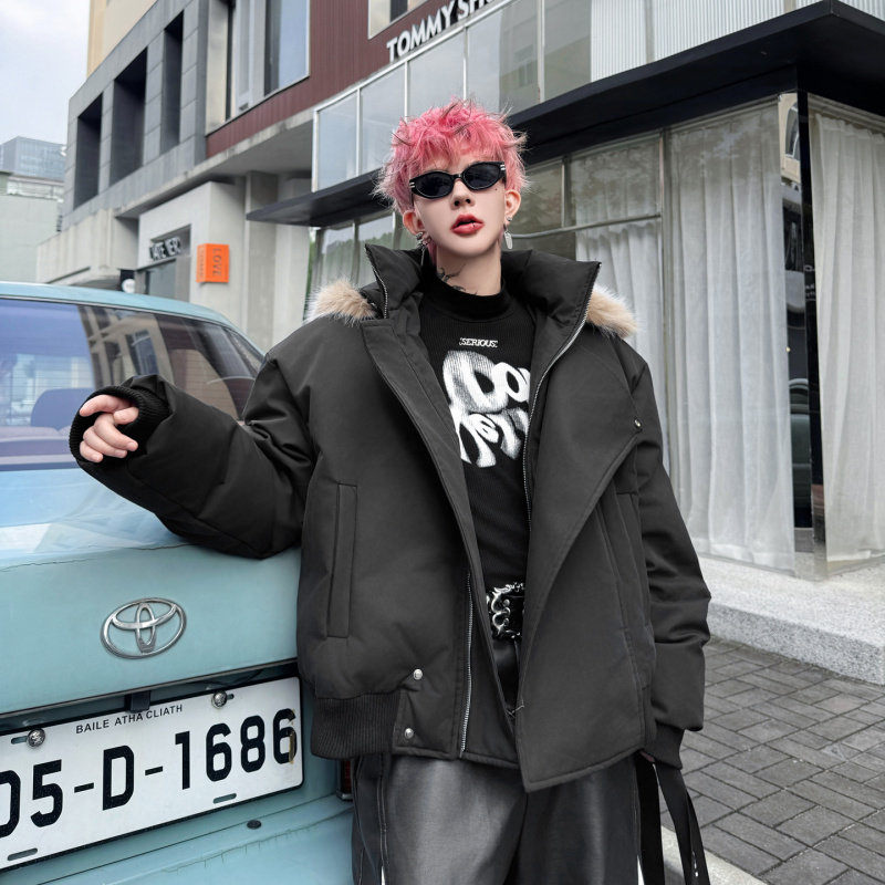 2025冬装新品立领大毛领连帽男士宽松加厚棉衣外套男高级感棉服潮